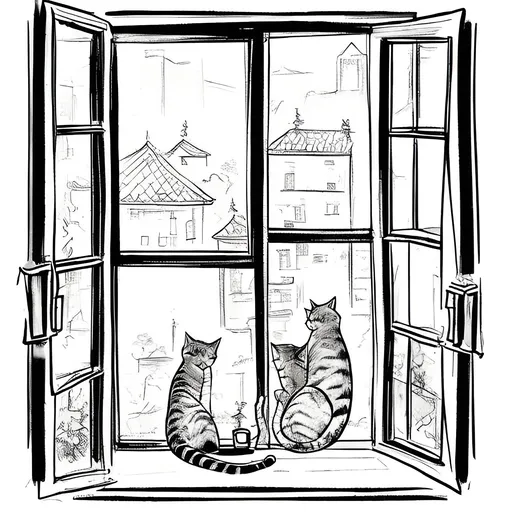 Prompt: draw a cat in window sil. cat is outside open window looking into city below. u can see a couple fighting inside room through windows..manga style