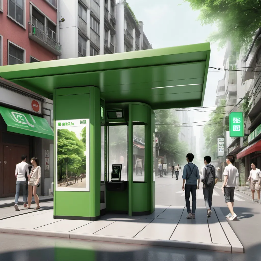 Prompt: a kiosk with a green canopy on the side of a street with people walking by it and a green phone booth, Cui Bai, les automatistes, ue 5, a digital rendering