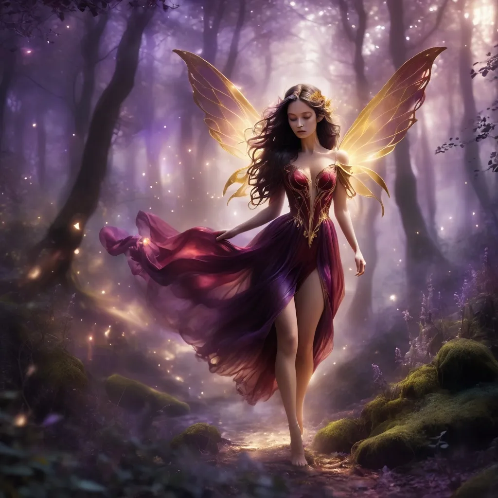 Prompt: walking fairy from head to toe, long dark messy hair, golden wings, dark red dress, mystical atmosphere, dark purple lilac air, little mist in the air