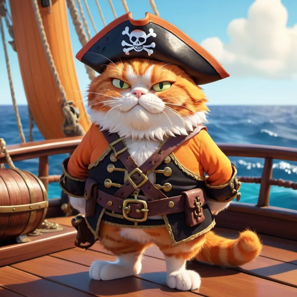 Prompt: Grumpy orange pirate cat charaxter with eye patch standing on the deck of a pirate ship, pixar