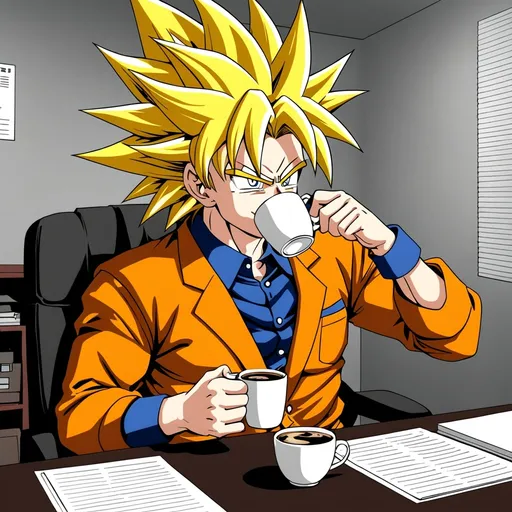 Prompt: Super sayian Goku in an office suit sipping coffee