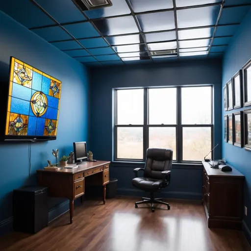 Prompt: office video studio with a stained glass wall and a blue wall and a tv mounted on the wall


