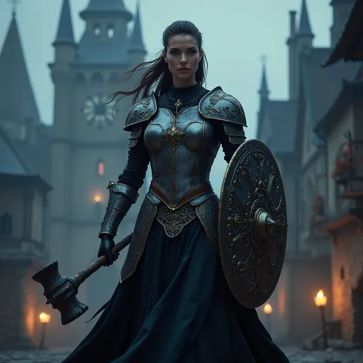 Prompt: A fierce female warrior in a intricately detailed metal breastplate and a long flowing black skirt, wielding a shield adorned with a holy symbol in one hand and a warhammer in the other hand, dynamic posture showcasing her determination, detailed facial expression showing focus, exquisite craftsmanship, masterpiece, photorealistic, super HD, ultra HD, extreme detail. The backdrop features a medieval city bathed in twilight, with rich, dark blue tones illuminating the architecture against the fading light.