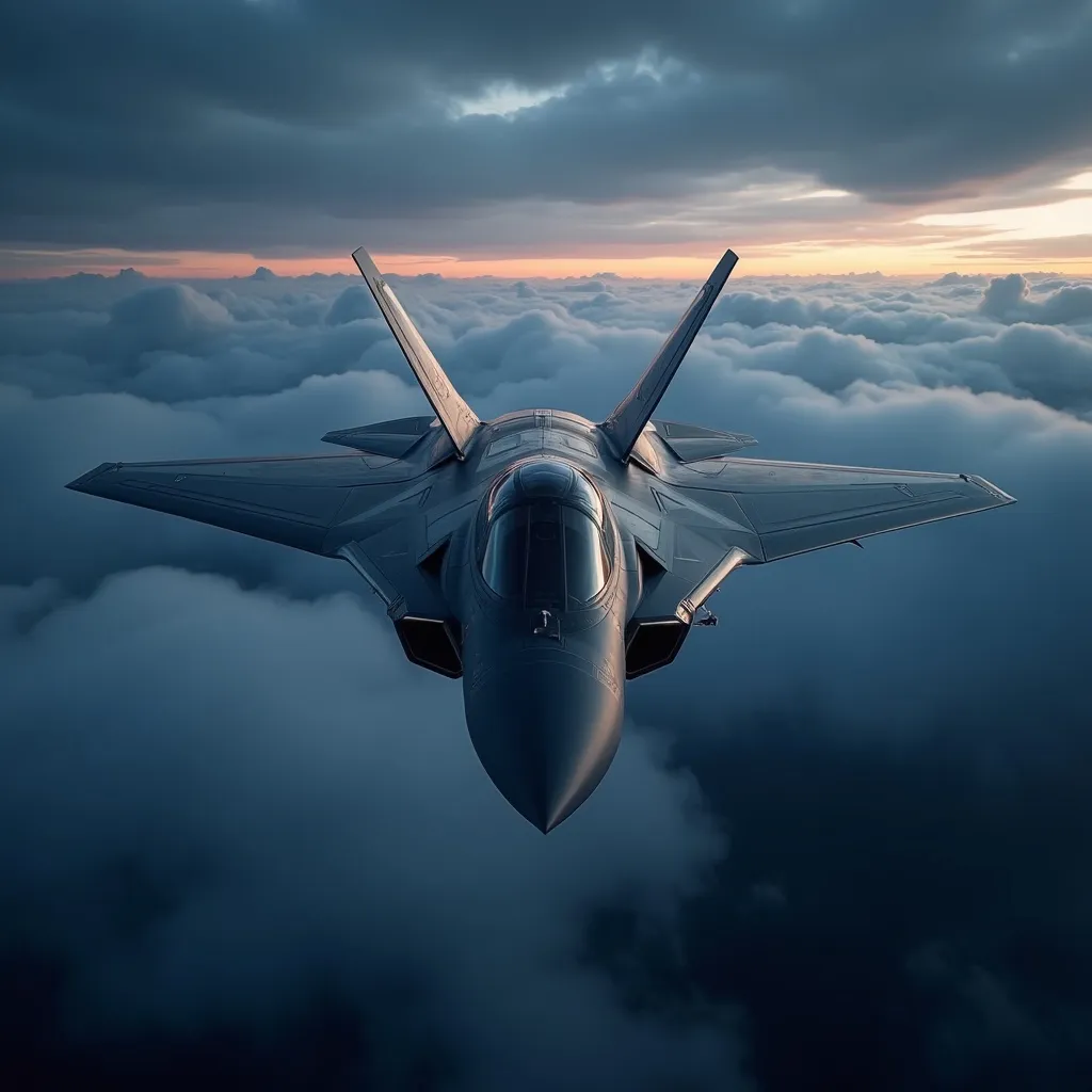 Prompt: SAAB 35 Draken, stealth aircraft, sleek and aerodynamic cracked delta-wing design, set against a dramatic twilight sky, moody clouds enhancing mystery, accents of metallic gray and deep blue, atmospheric lighting highlighting its contours, dynamic perspective, ultra-detailed, 4K resolution, showcasing advanced military technology.