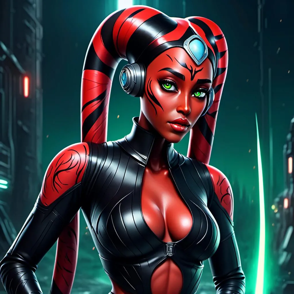 Prompt: <mymodel> young (Twi'Lek) with smooth red skin, green eyes, two long tentacles going down her back, dressed in (tight-fitting black futuristic bodyarmor), photorealistic, highly detailed, deep shadowy lighting, cinematic masterpiece, dramatic contrasts, intense focus, fierce expression, cool tone, high-res 4K, set in a futuristic space station, metallic backgrounds, sleek and modern environment, atmosphere of impending danger and tension, ultra-detailed textures, hyper-realistic character details, stunning visual effects.