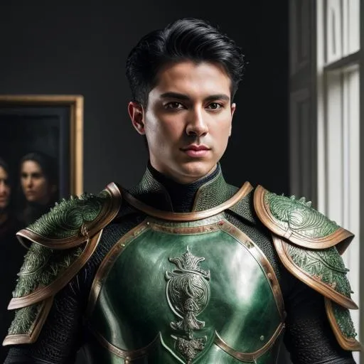 Prompt: full body super detailed lifelike illustration, intricately detailed, dramatic lighting, a black-haired man in gorgeous detailed green leather male armor

soft focus, digital painting, oil painting, clean art, professional, colorful, rich deep color, concept art, CGI winning award, UHD, HDR, 8K, RPG, UHD render, HDR render, 3D render cinema 4D