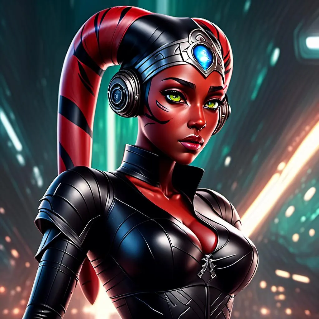 Prompt: <mymodel> young (Twi'Lek) with smooth red skin, green eyes, two long tentacles going down her back, dressed in (tight-fitting black futuristic bodyarmor), photorealistic, highly detailed, deep shadowy lighting, cinematic masterpiece, dramatic contrasts, intense focus, fierce expression, cool tone, high-res 4K, set in a futuristic space station, metallic backgrounds, sleek and modern environment, atmosphere of impending danger and tension, ultra-detailed textures, hyper-realistic character details, stunning visual effects.