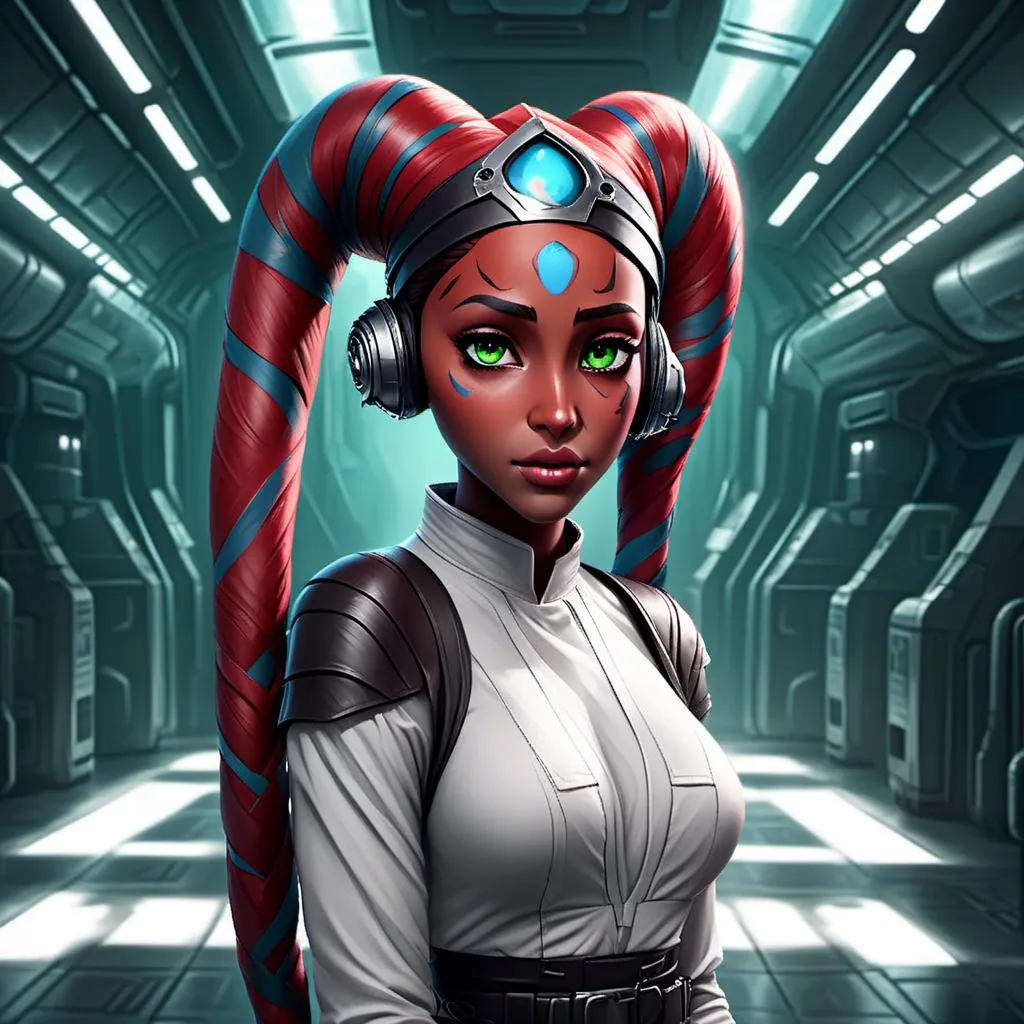 Prompt: <mymodel> young (Twi'Lek) with smooth red skin, green eyes, two long tentacles going down her back, dressed in (white doctor's uniform), photorealistic, highly detailed, deep shadowy lighting, cinematic masterpiece, dramatic contrasts, intense focus, fierce expression, cool tone, high-res 4K, set in a futuristic space station, metallic backgrounds, sleek and modern environment, atmosphere of impending danger and tension, ultra-detailed textures, hyper-realistic character details, stunning visual effects.