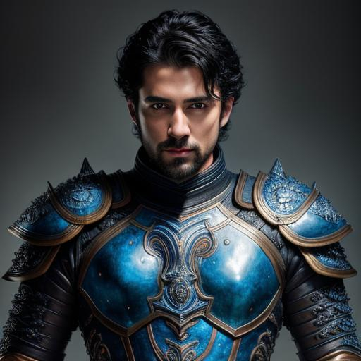 Prompt: full body super detailed lifelike illustration, intricately detailed, dramatic lighting, a black-haired man in gorgeous detailed blue 
leather male armor

soft focus, digital painting, oil painting, clean art, professional, colorful, rich deep color, concept art, CGI winning award, UHD, HDR, 8K, RPG, UHD render, HDR render, 3D render cinema 4D