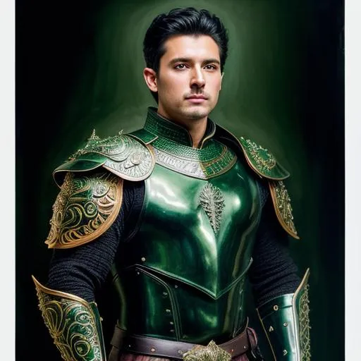 Prompt: full body super detailed lifelike illustration, intricately detailed, dramatic lighting, a black-haired man in gorgeous detailed green leather male armor

soft focus, digital painting, oil painting, clean art, professional, colorful, rich deep color, concept art, CGI winning award, UHD, HDR, 8K, RPG, UHD render, HDR render, 3D render cinema 4D