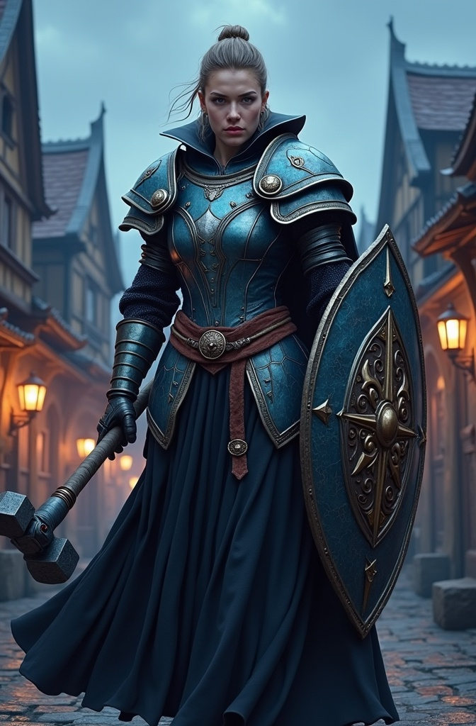 Prompt: Realistic digital art painting of fantasy style fierce female warrior in male armor. Intricately detailed bluish metal metal  breastplate. A long flowing black skirt, wielding a shield adorned with a holy symbol in one hand and a warhammer in the other hand, dynamic posture showcasing her determination, active stance, ready to strike, shield, detailed facial expression showing focus, exquisite craftsmanship, masterpiece, photorealistic, super HD, ultra HD, extreme detail. The backdrop features a village bathed in twilight, with rich, dark blue tones illuminating the architecture against the fading light.
