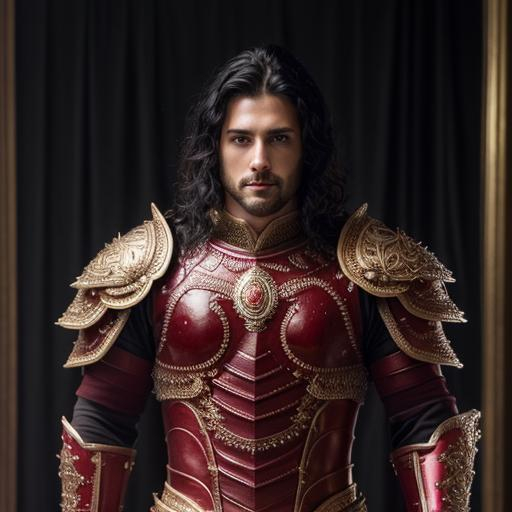 Prompt: full body super detailed lifelike illustration, intricately detailed, dramatic lighting, a black-haired man in gorgeous detailed red leather male armor

soft focus, digital painting, oil painting, clean art, professional, colorful, rich deep color, concept art, CGI winning award, UHD, HDR, 8K, RPG, UHD render, HDR render, 3D render cinema 4D