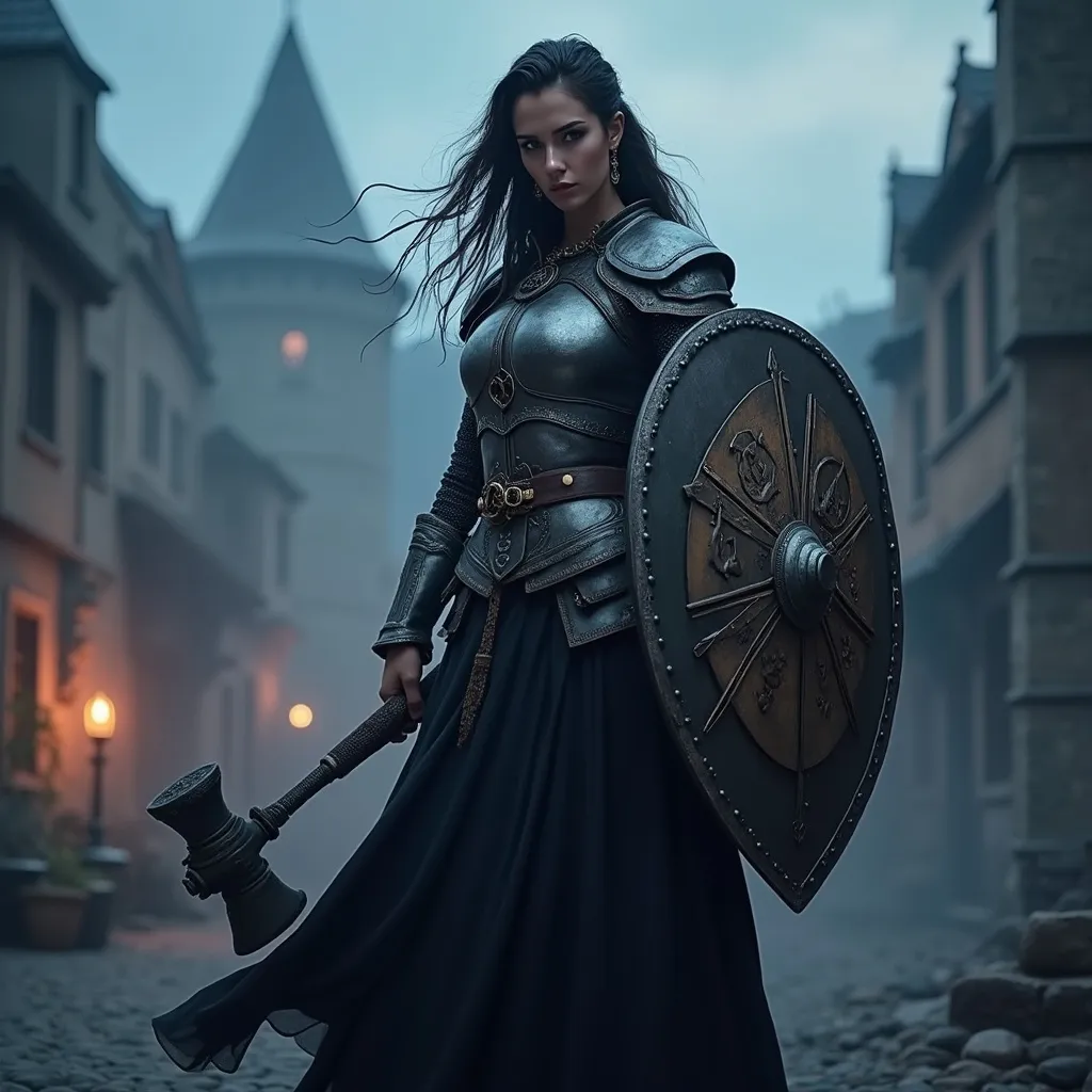 Prompt: A fierce female warrior in a breastplate and a long flowing black skirt, wielding a shield adorned with a holy symbol and a formidable warhammer, dynamic posture showcasing her determination, detailed facial expression showing focus, exquisite craftsmanship, masterpiece, photorealistic, super HD, ultra HD, extreme detail. The backdrop features a medieval city bathed in twilight, with rich, dark blue tones illuminating the architecture against the fading light.