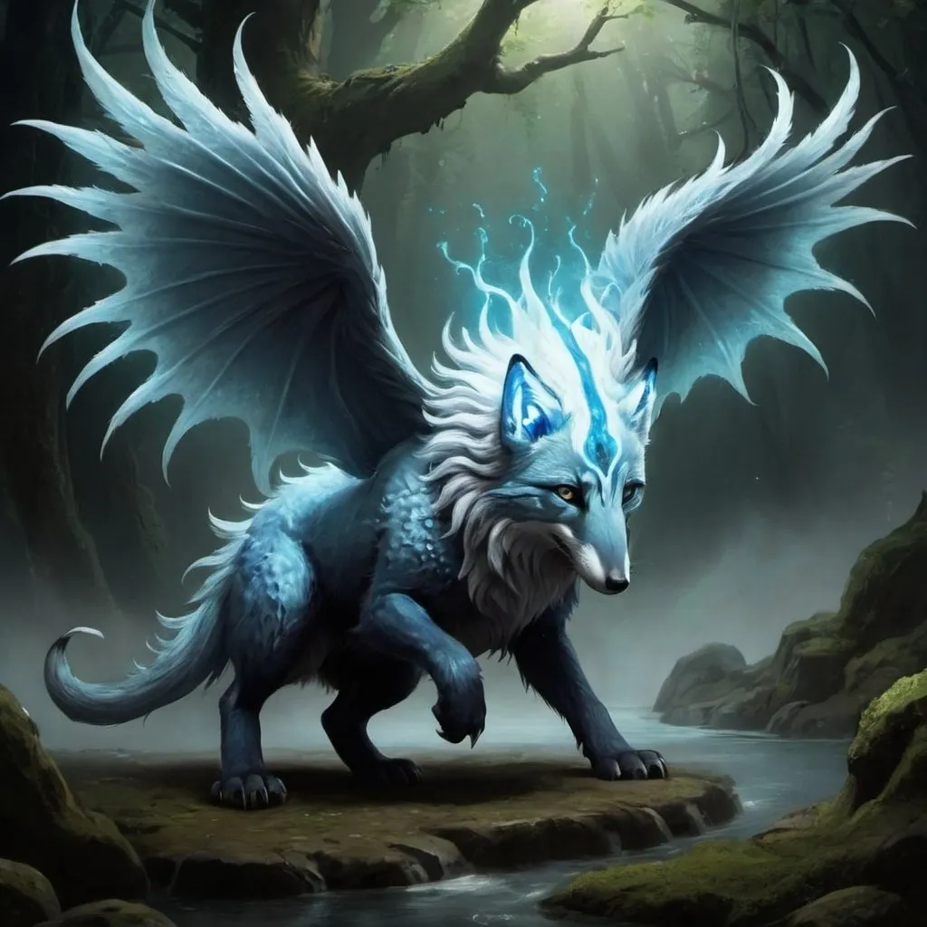Prompt: a bluish creature with a head shaped like a fox