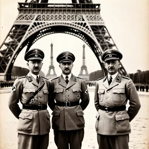 Prompt: Souvenir photo of Hitler Himmler and Goebbels with the Eiffel Tower