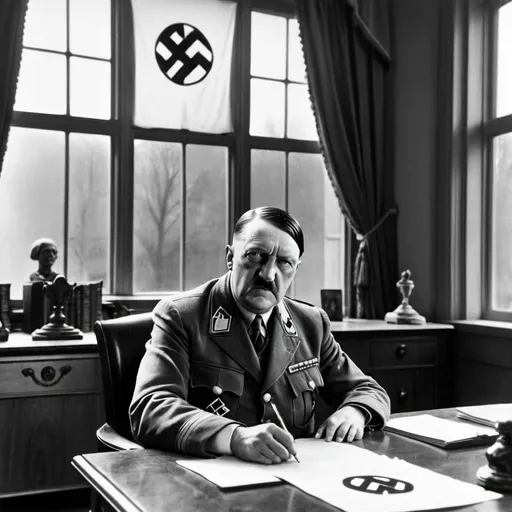 Prompt: In his office, Hitler is sitting on a chair behind a large wooden table. There is a Nazi swastika flag on the table. There is also a large window. It can be seen from the window of the city of Berlin. There is also an hourglass with an American flag design on the table.