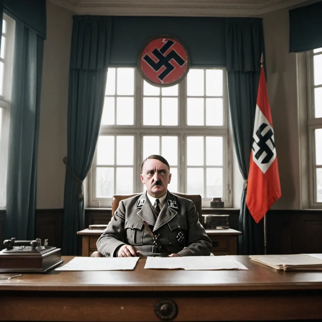 Prompt: In his office, Hitler is sitting on a chair behind a large wooden table. There is a Nazi swastika flag on the table. There is also a large window. It can be seen from the window of Berlin. There is also a clock on the table that shows 0 o'clock.