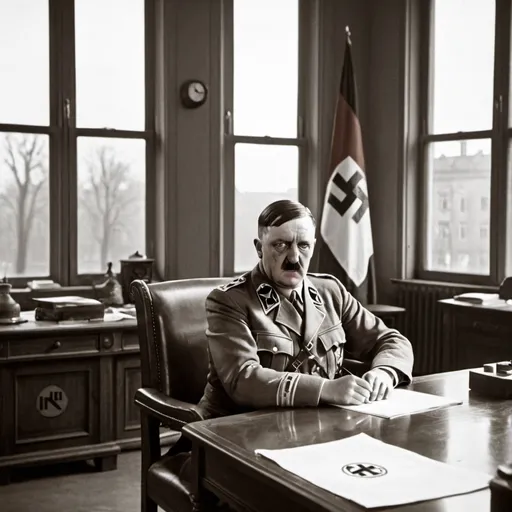 Prompt: In his office, Hitler is sitting on a chair behind a large wooden table. There is a Nazi swastika flag on the table. There is also a large window. It can be seen from the window of Berlin. There is also a clock on the table that shows 0 o'clock.