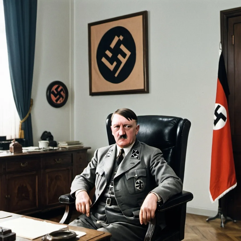 Prompt: In his office, Hitler is sitting on a chair behind a large CHB desk. On the desk is a Nazi swastika flag.