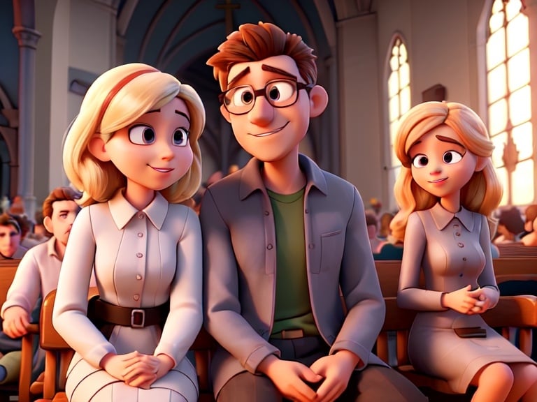 Prompt: a 3 D animated style of a man and woman sitting next to each other  discussing in a church with a crowd of people behind them in the background.