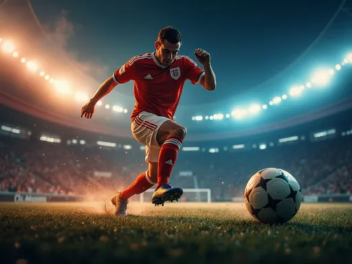 Prompt: A dynamic football wallpaper sticker inspired by classic football game style from 2012 to 2026, realistic soccer player in action pose, dramatic stadium lighting, glowing energy effects, cinematic atmosphere, ultra detailed, modern sports poster style, high contrast colors, sharp details, 4K, epic composition, no logo, no text, no watermark