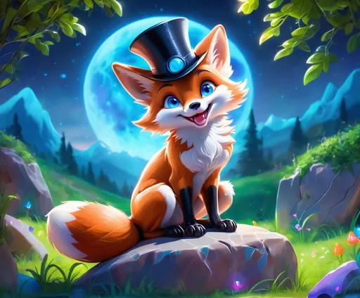 Prompt: (anthropomorphic fox sitting on a boulder), cheerful demeanor,blue eyes, waving, smiling, (clean-minded design), vibrant colors, inviting atmosphere, relaxed pose, neon backdrop, softly blurred greenery, moonlit scene, (HD), ultra-detailed illustration, playful expression, friendly character design, cool tones, dawning a tophat 