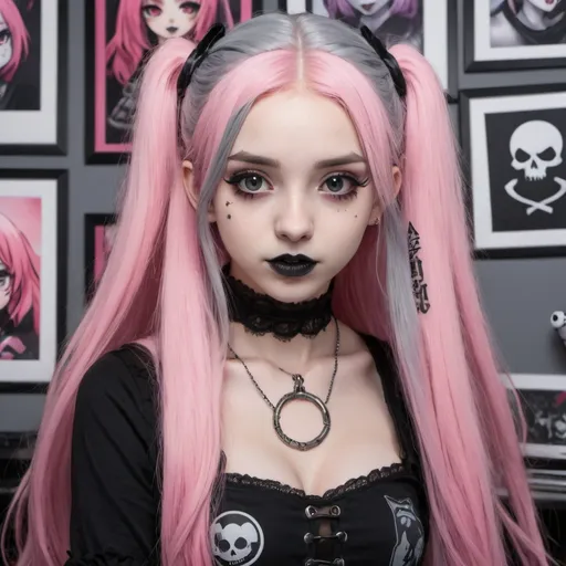 Prompt: Close-up portrait of a cute girl with long pink hair, gray skin, and goth style, black lipstick, and gray eyes, surrounded by anime posters in a gamer room, highres, detailed, gothic, anime, pink hair, gray skin, black lipstick, gray eyes, gamer room, anime posters, cute, goth style