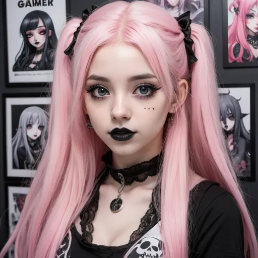 Prompt: Close-up portrait of a cute girl with long pink hair, gray skin, and goth style, black lipstick, and gray eyes, surrounded by anime posters in a gamer room, highres, detailed, gothic, anime, pink hair, gray skin, black lipstick, gray eyes, gamer room, anime posters, cute, goth style