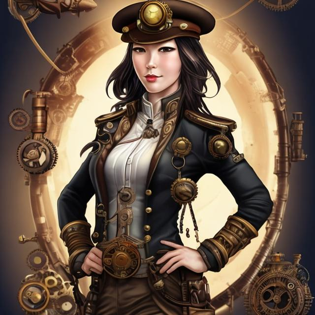 Prompt: a steampunk airship captain female with dark hair and of chinese origin