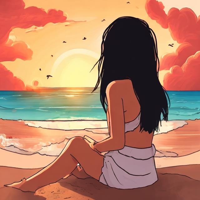 Prompt: hand-drawing style, newbie style of a full-grown girl watching the sunset on the beach