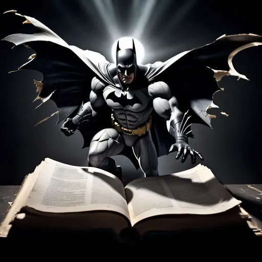 Prompt: "A realistic torn book lying open, ripped from the center, with Batman emerging dramatically from the pages. He is reaching his hand forward toward the viewer in a powerful pose. On his hand, the word 'STUDY' is glowing in floating, magical letters. The background is dark with a spotlight on Batman, creating a dramatic and intense atmosphere. Cinematic lighting, high detail, sharp focus, suitable for a YouTube thumbnail."