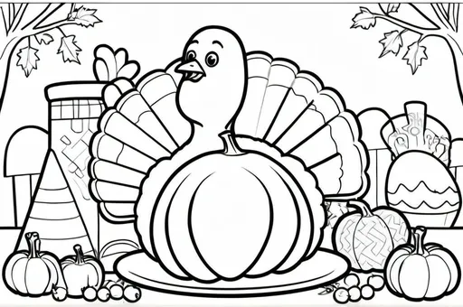 Prompt: A black and white for coloring image of thanksgiving theme for kids, cute and funny