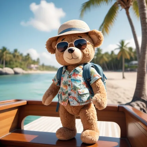 Prompt: (Cute tall teddy bear), wearing backpack, vacation scene, fluffy fur texture, friendly expression, oversized plush toy, standing upright, travel attire, sun hat, sunglasses, tropical background, on a boat in the middle of the sea, palm trees, sandy beach, ocean waves, vibrant colors, warm sunlight, cheerful atmosphere, whimsical style, soft shadows, detailed stitching, 4K resolution, ultra-detailed, cinematic lighting, depth of field, summer vacation mood, playful composition, charming character design