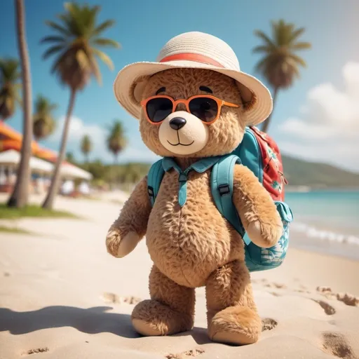 Prompt: Cute Tall teddy Bear with a backpack going in vacation
