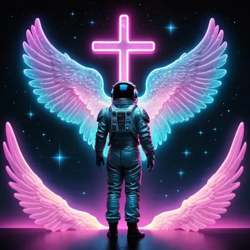Prompt: Floating space man looking at the galaxy neon with angel wings and a cross