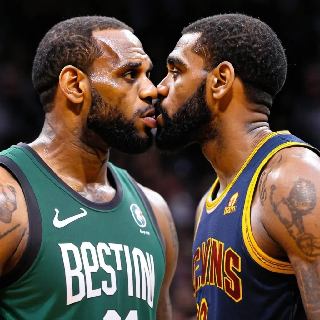 Prompt: LeBron James and Kyrie Irving kissing