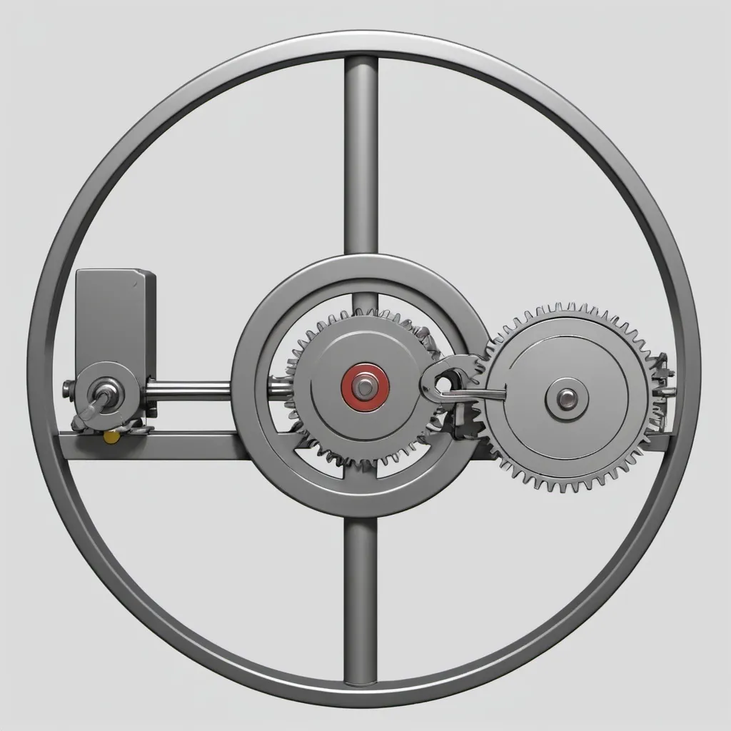 Prompt: The mechanism that converts circular motion into linear motion is 1. Connecting rod is on the front surface at the far right of the circle. 2. Arm is on the back surface at the far left. ( slider-crank mechanism)