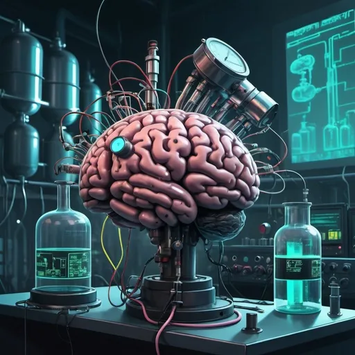 Prompt: a brain wired with gas chromatographs and gas cylinders in a crazy lab in cyber punk style, digital art
