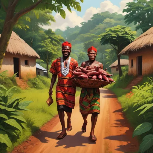 Prompt: (captivating image of ugochukwu and Chichi) carrying a large bush meat, rural village path, surrounded by lush greenery, warm and vibrant colors, joyful expressions, traditional Igbo attire, cultural ambiance, soft sunlight filtering through leaves, serene atmosphere, ultra-detailed, high-quality, rich textural depth.