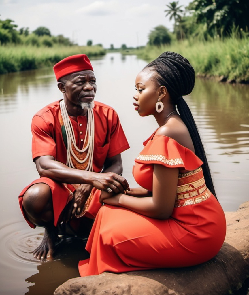 Prompt: Give me a beautiful Igbo prompt a beautiful girl sitting beside the river crying, and an old man coming to him with a cultlas