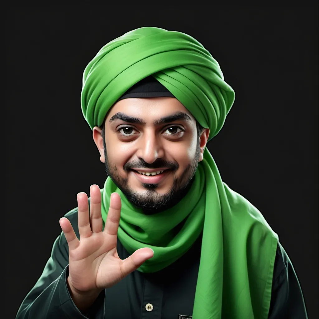 Prompt: a cartoon character waving and wearing a green head scarf and a green scarf on his head and a black background, Altoon Sultan, hurufiyya, promotional image, a character portrait