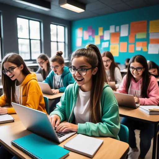 Prompt: "An energetic scene with students actively studying for exams, attending online classes, using laptops and tablets. Vibrant atmosphere with bright colors, motivational expressions, and fast-paced action showing focused learning,photos needs to be original not animated