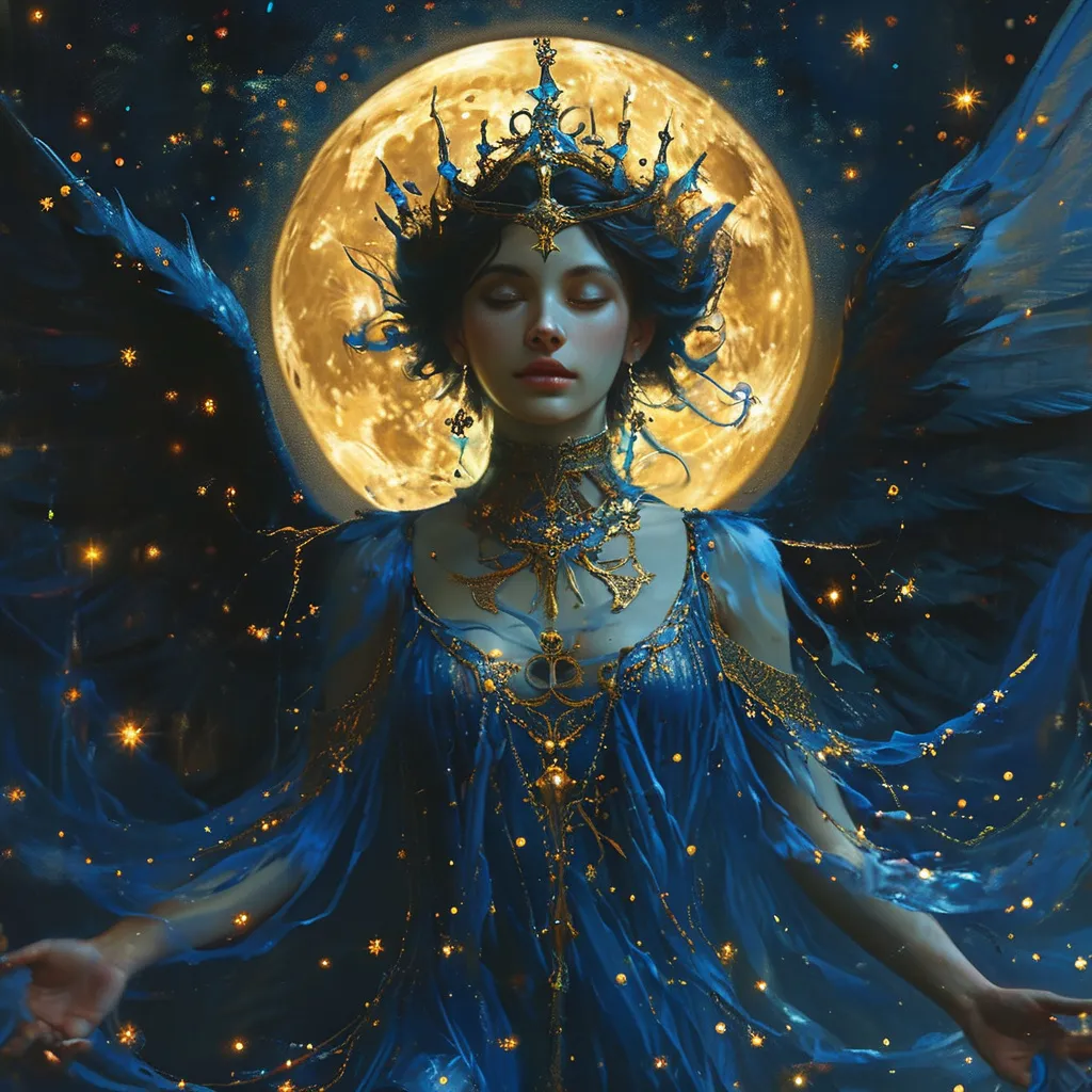 Prompt: The goddess of night, as she flies in the sky and dance with the halo of a powerful moonlight, she starts shining in the sky and the sky turns black, this goddess brings the stars and dance with her. This goddess has dark blue and golden clothes that covers all of her body as she is a saint and pure, she doesn't show up her body