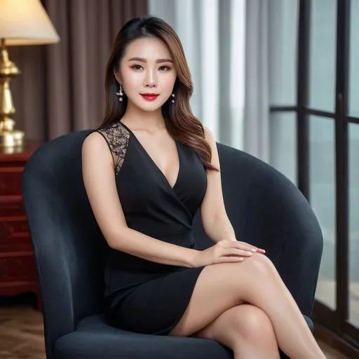 Prompt: pretty chinese woman wearing black dress sitting on a chair at home, hands in lap, detailed clothing, realistic, natural lighting