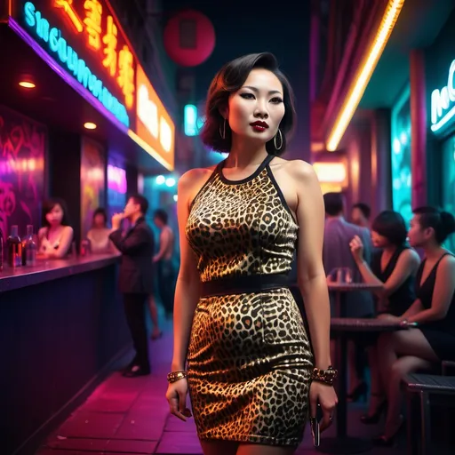 Prompt: (mid-forties Chinese woman), (tight leopard-print dress), (smoking a cigarette), (wearing black high heels), standing outside a vibrant nightclub, cool-toned neon lighting illuminating the surroundings, urban nightlife ambiance, confident expression, high detail, HD quality, emphasizing the stylish and bold fashion choice against a lively social backdrop.