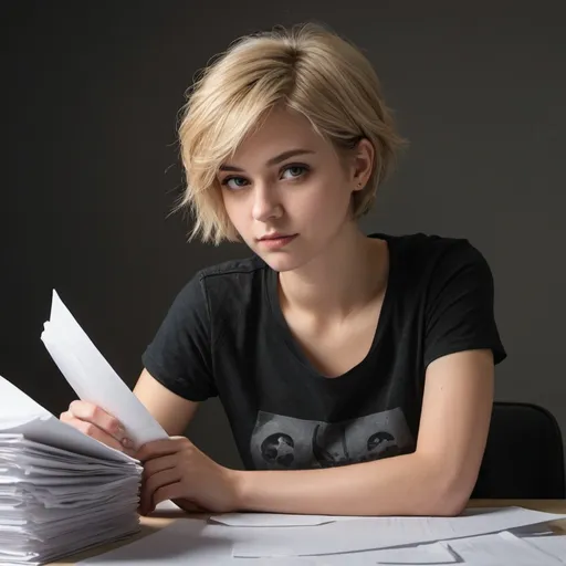 Prompt: young woman with short blonde hair, black t-shirt and jeans, leaning over desk strewn with papers, blank wall, detailed clothing, realistic, dim lighting