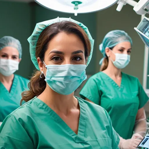 Prompt: latin female anesthesiologist with a mask and green uniform smiling in and operating room surround with technology

