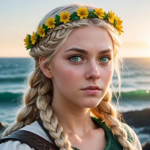 Prompt: a blond viking girl with green eyes and blond braided hair staring deep into the ocean as the sun comes up and flowers in her hair
