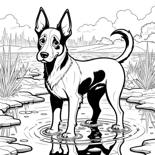 Prompt: B&W coloring book page the dog He looked in a puddle of water that reflected his face.  He had quite a handsome face with pointy ears.  His tail was quite bushy, and his legs were long but looked too skinny for such a big strong body. His fur was a patchwork of black and tan. 