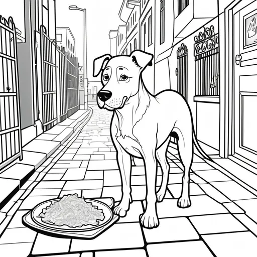 Prompt: B&W coloring book page the dog Some people called him DOG.  He had been wandering the streets for months. Very lonely and surviving by eating scraps of the pavements.